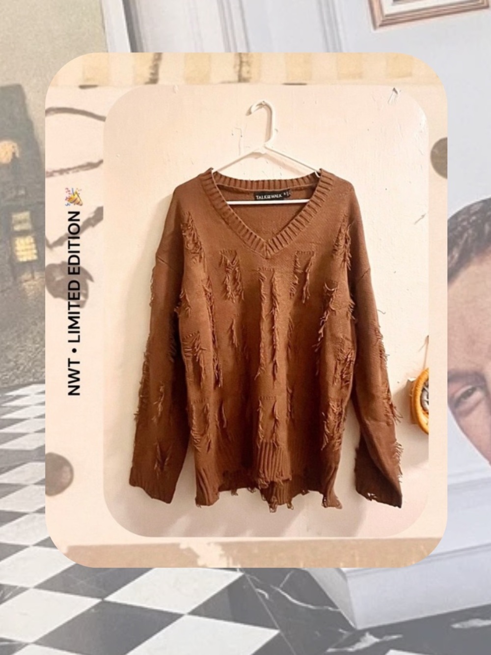 ππ boho brown fringe oversized distressed v-neck pullover sweater